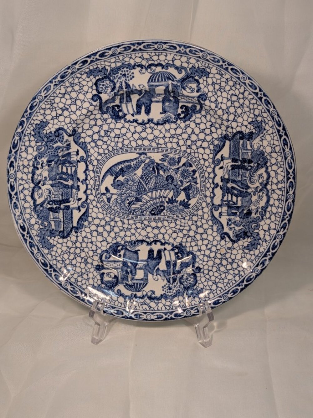 Antique  William Adams Chinese Bird Blue White Transferware Plate Staffordshire